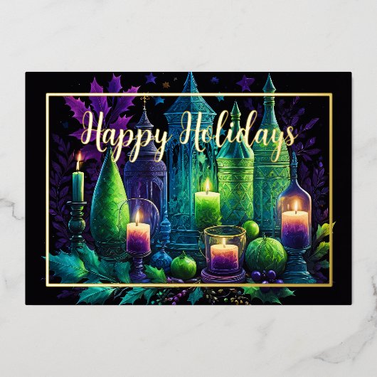 Waterverf Schilderij Kaars Kerstmis Paarse Groen Folie Feestdagenkaart (Voorkant)