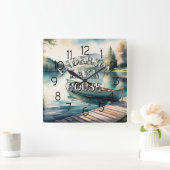 Waterverf Schilderij Kano Lake Dock Mountain Vierkante Klok (Huis)