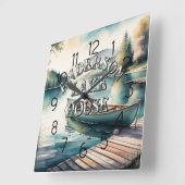 Waterverf Schilderij Kano Lake Dock Mountain Vierkante Klok (Hoek)