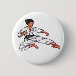 waterverf schilderij karate man leapt en schopt ronde button 5,7 cm