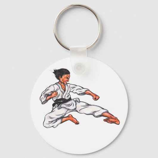 waterverf schilderij karate man leapt en schopt sleutelhanger (Voorkant)