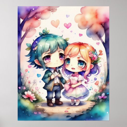 Waterverf Schilderij Kawaii Chibi Mannelijk Vrouw  Poster (Voorkant)