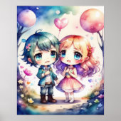 Waterverf Schilderij Kawaii Chibi Mannelijk Vrouw Poster (Voorkant)