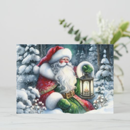 Waterverf Schilderij Kerstman in Besneeuwde Bos Feestdagenkaart (Staand voorkant)