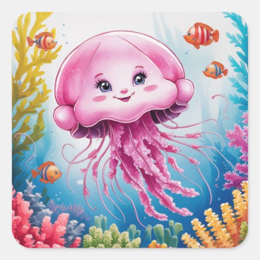 Waterverf schilderij kwallen vierkante sticker (Voorkant)