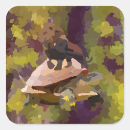 waterverf schilderij leeuw op schildpad vierkante sticker