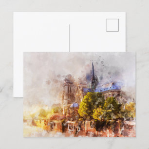 Waterverf Schilderij Notre Dame Kathedraal Sunrise Briefkaart