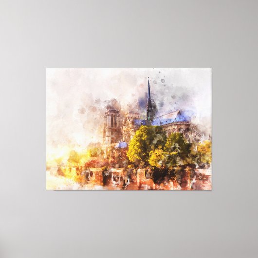 Waterverf Schilderij Notre Dame Kathedraal Sunrise Canvas Afdruk (Voorkant)