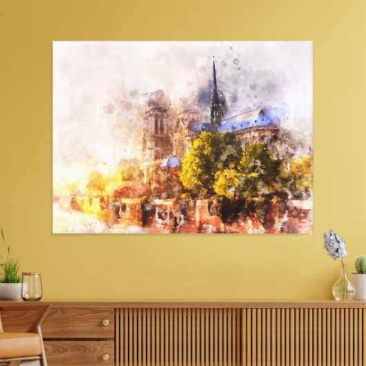 Waterverf Schilderij Notre Dame Kathedraal Sunrise Canvas Afdruk (Insitu (Woonkamer))