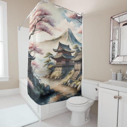 Waterverf Schilderij Oude Japans Dorp Douchegordijn (In situ)
