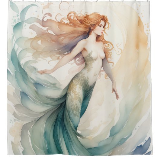 Waterverf schilderij rood haar zeemeermin douchegordijn (Voorkant)