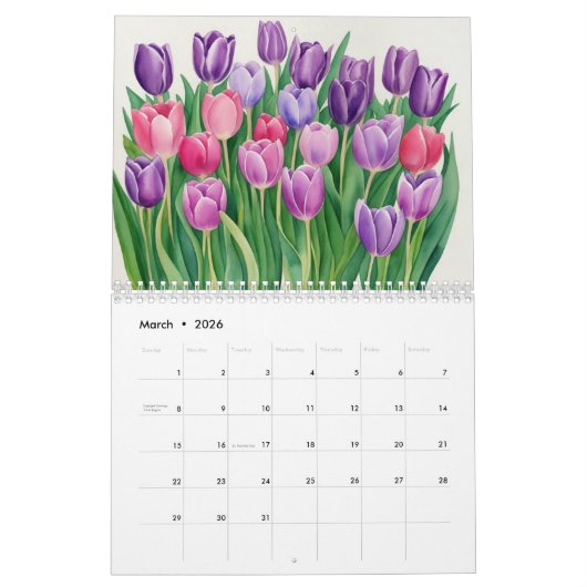 Waterverf schilderij tulpen kleurrijke flora kalender (Mar 2026)