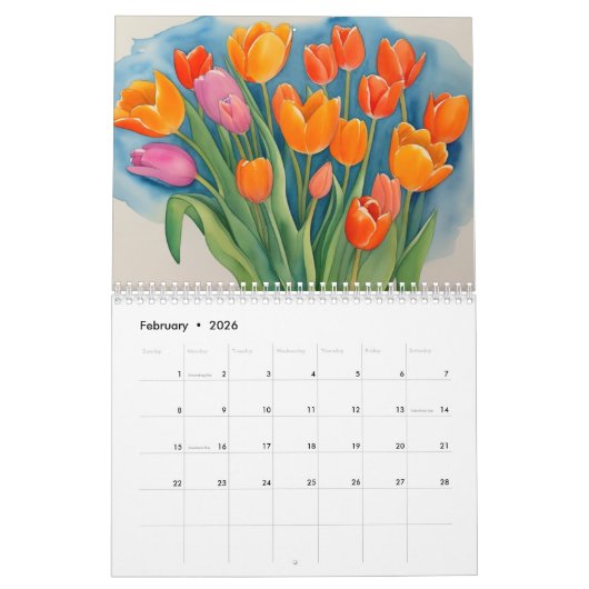Waterverf schilderij tulpen kleurrijke flora kalender (Feb 2026)