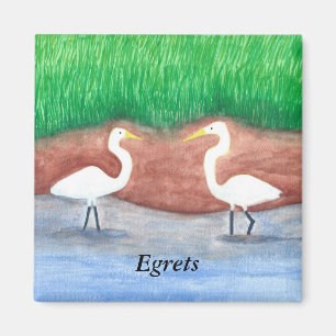 Waterverf schilderij Twee witte zilverreigers wade Magneet