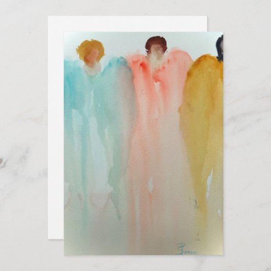 Waterverf schilderij van 3 engelen, figuren of vro kaart (Voorkant / Achterkant)
