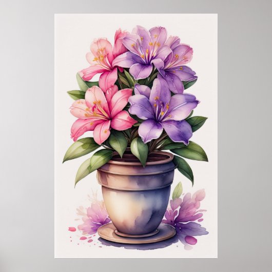 Waterverf Schilderij van Azalea in Pot Paarse Poster (Voorkant)