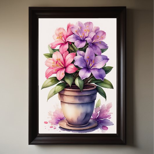 Waterverf Schilderij van Azalea in Pot Paarse Poster