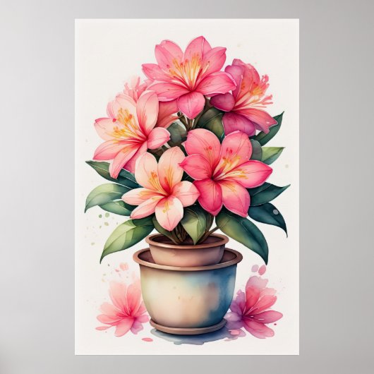 Waterverf Schilderij van Azalea in Pot Pink Poster (Voorkant)