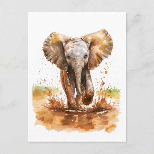 Waterverf schilderij van baby olifant spatten modd feestdagenkaart (Voorkant)
