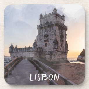 Waterverf schilderij van Belem-toren bij zonsonder Bier Onderzetter