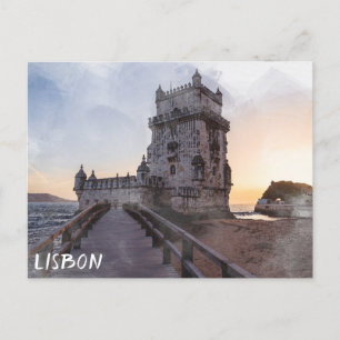 Waterverf schilderij van Belem-toren bij zonsonder Briefkaart
