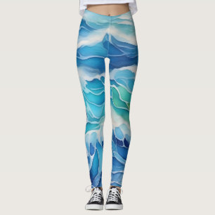 Waterverf schilderij van blauw zee golven leggings