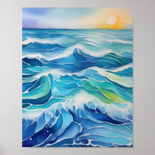Waterverf schilderij van blauw zee golven poster