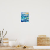 Waterverf schilderij van blauw zee golven poster (Keuken)