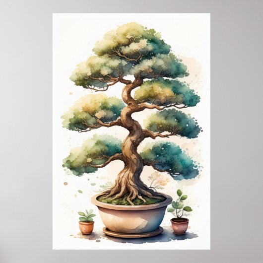 Waterverf Schilderij van Bonsai Tree in Pot II Poster (Voorkant)