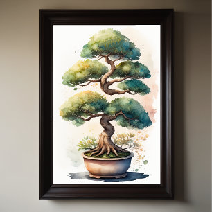 Waterverf Schilderij van Bonsai Tree in Pot Poster