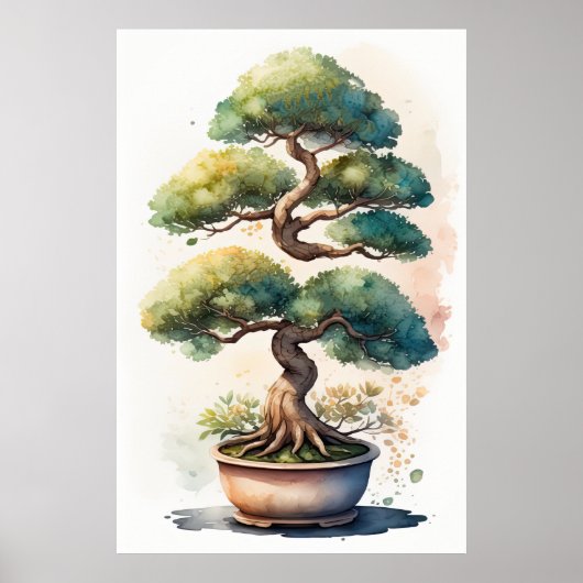 Waterverf Schilderij van Bonsai Tree in Pot Poster (Voorkant)