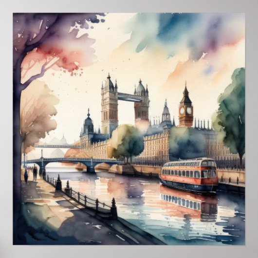 Waterverf Schilderij van Cityscape Londen Engeland Poster (Voorkant)
