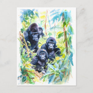 Waterverf schilderij van de familie Gorilla in oer Feestdagenkaart