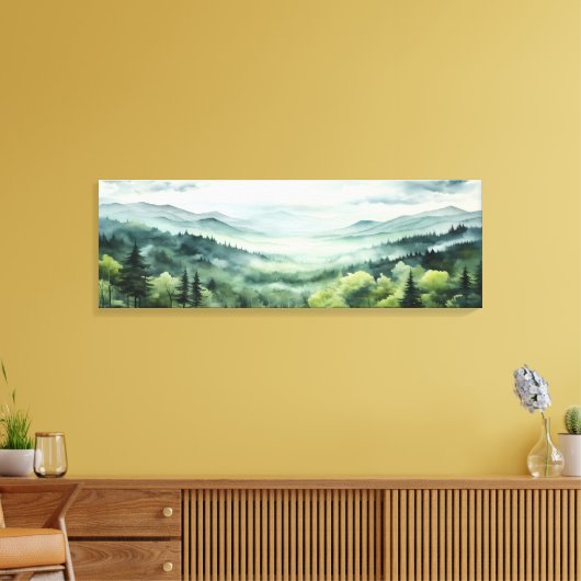 Waterverf schilderij van dennenbos Dramatische zon Canvas Afdruk (Insitu (Woonkamer))