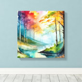 Waterverf schilderij van een bos en een rivier canvas afdruk (Insitu (Houten vloer))