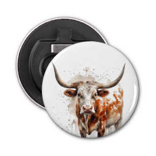 waterverf schilderij van een Longhorn koe Button Flesopener
