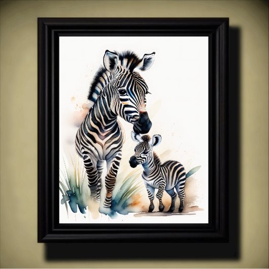 Waterverf Schilderij van een Mama en Baby Zebra 5: Poster