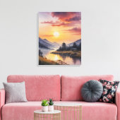 waterverf schilderij van een rivier met bergen en canvas afdruk (Insitu (Woonkamer))