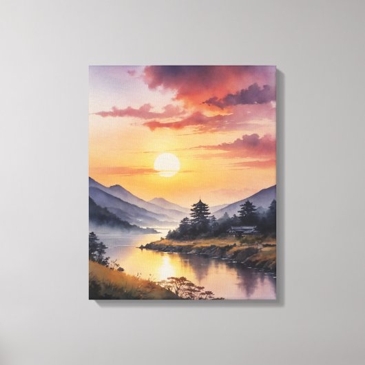 waterverf schilderij van een rivier met bergen en canvas afdruk (Voorkant)