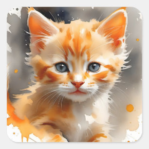 Waterverf schilderij van een schattige oranje kat vierkante sticker
