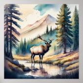 Waterverf Schilderij van Elk in Bos 1:1 Poster (Voorkant)