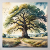 Waterverf Schilderij van enorme oude eikenboom Poster (Voorkant)