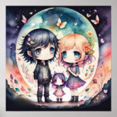 Waterverf Schilderij van Familie Kawaii Chibi 1:1 Poster (Voorkant)