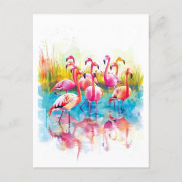 Waterverf schilderij van flamingo's in een vijver feestdagenkaart