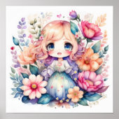 Waterverf Schilderij van Floral Kawaii Chibi 1:1 Poster (Voorkant)