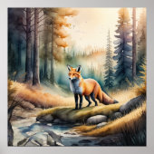 Waterverf Schilderij van Fox in Bos 1:1 Poster (Voorkant)