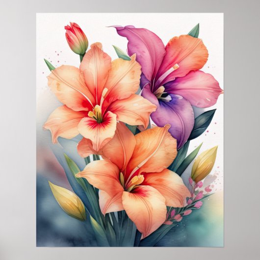 Waterverf Schilderij van Gladiolas IV Poster (Voorkant)