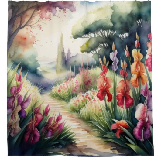 Waterverf Schilderij van Gladiolus Landschap Douchegordijn (Voorkant)