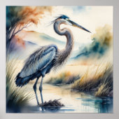 Waterverf Schilderij van Grote Blauwe Heron 1:1 Poster (Voorkant)