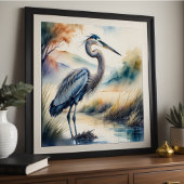 Waterverf Schilderij van Grote Blauwe Heron 1:1 Poster